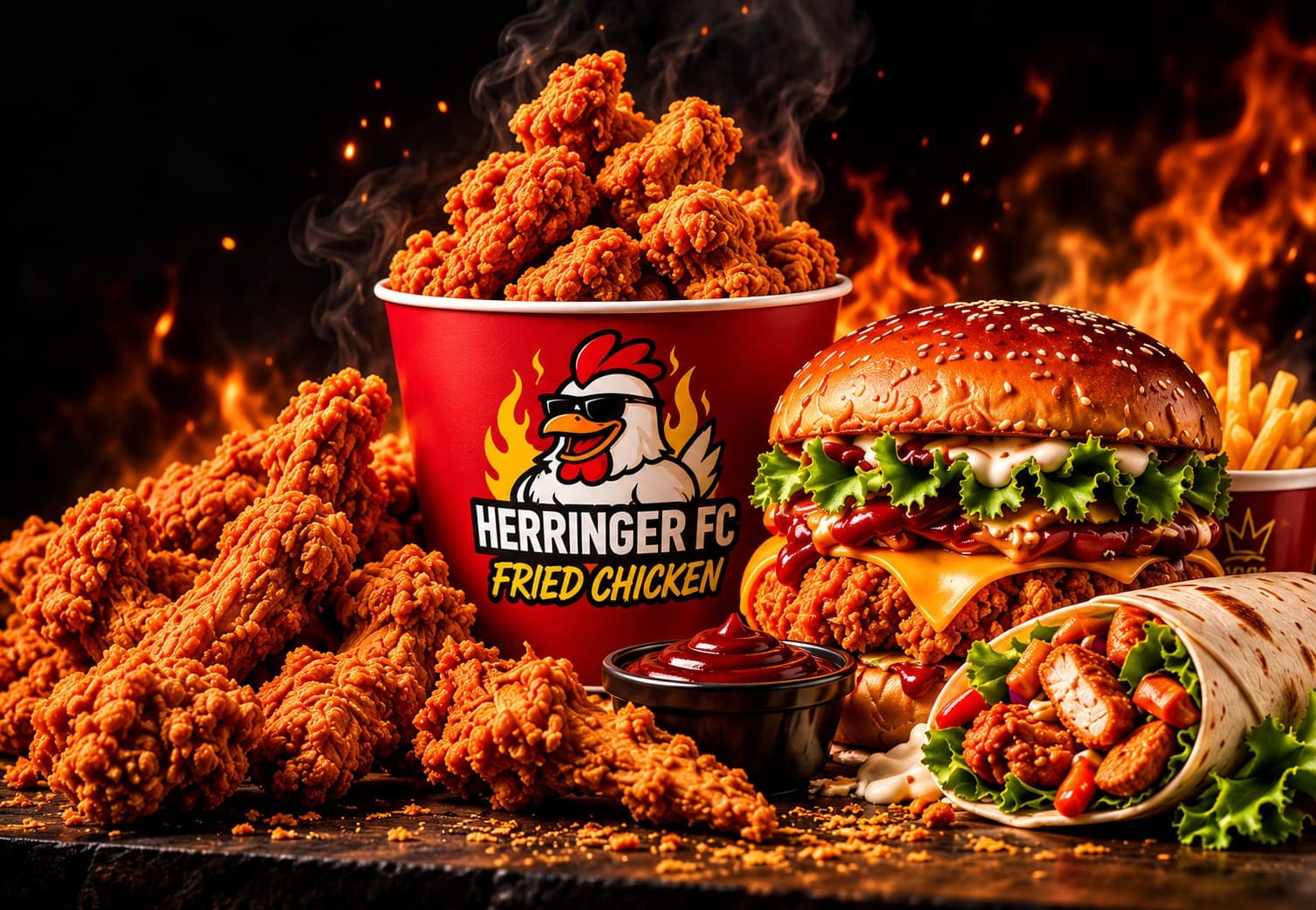 Herringer FC Chicken Bucket, Burger und Wrap